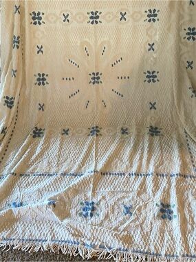 Vtg Chenille Cotton Bedspread Queen Blue Green Tufted Floral Medallion Fringe